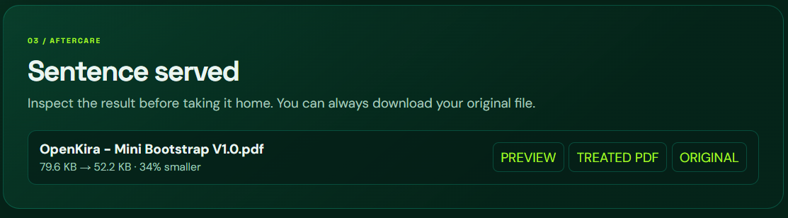 BentRef result showing a PDF reduced from 79.6 KB to 52.2 KB with preview, treated PDF and original download buttons