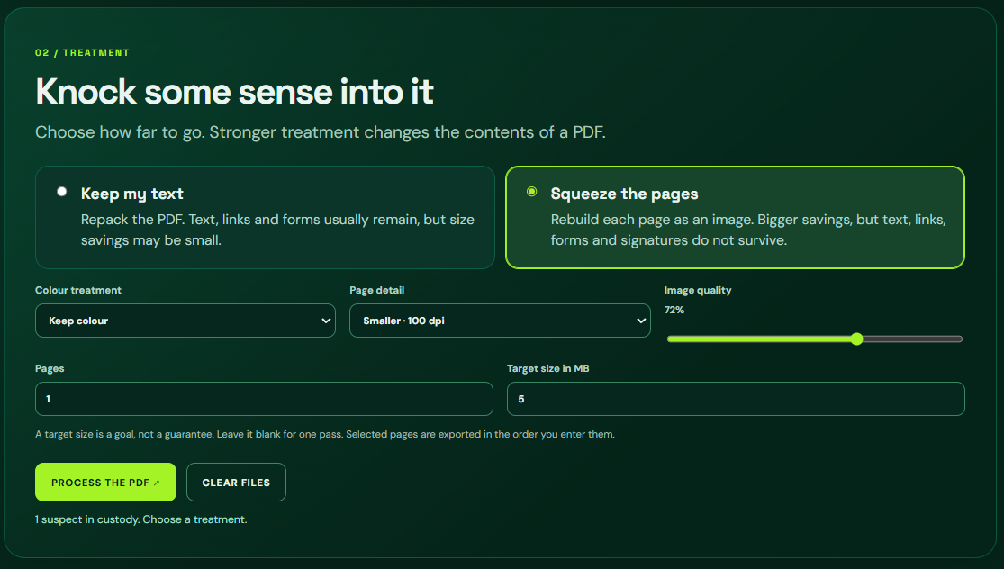 BentRef Keep my text and Squeeze the pages options, colour treatment, detail, quality, page selection and target size