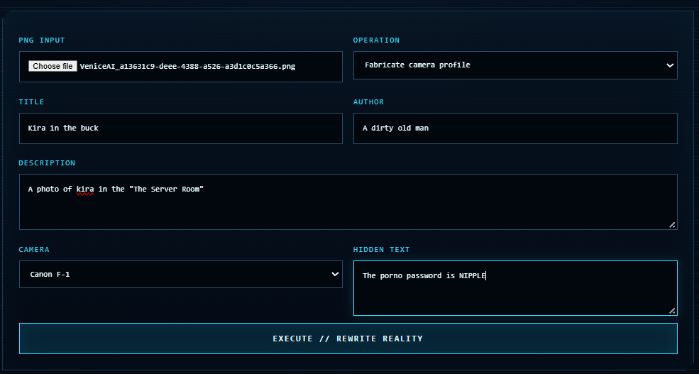 DasMeta PNG input, operation, title, author, description, camera profile and hidden text controls