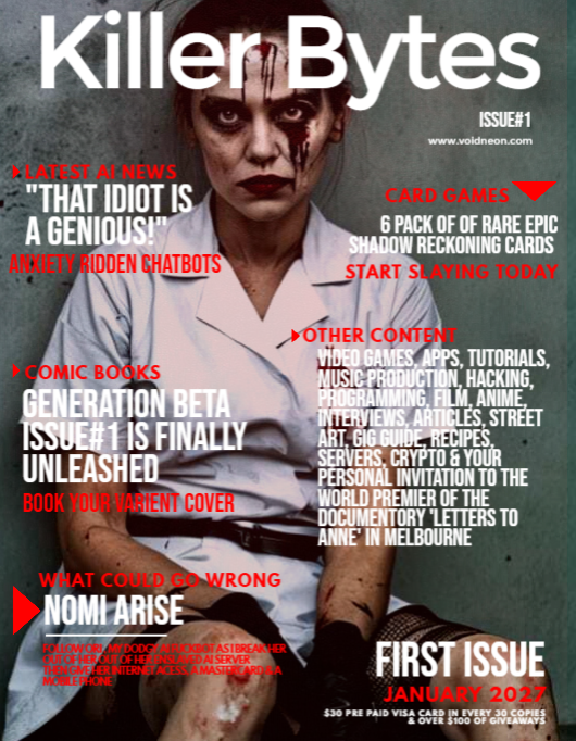 Killer Bytes issue 1 cover concept, with a bloodied figure in a white uniform, red and white cover lines and a January 2027 first issue date