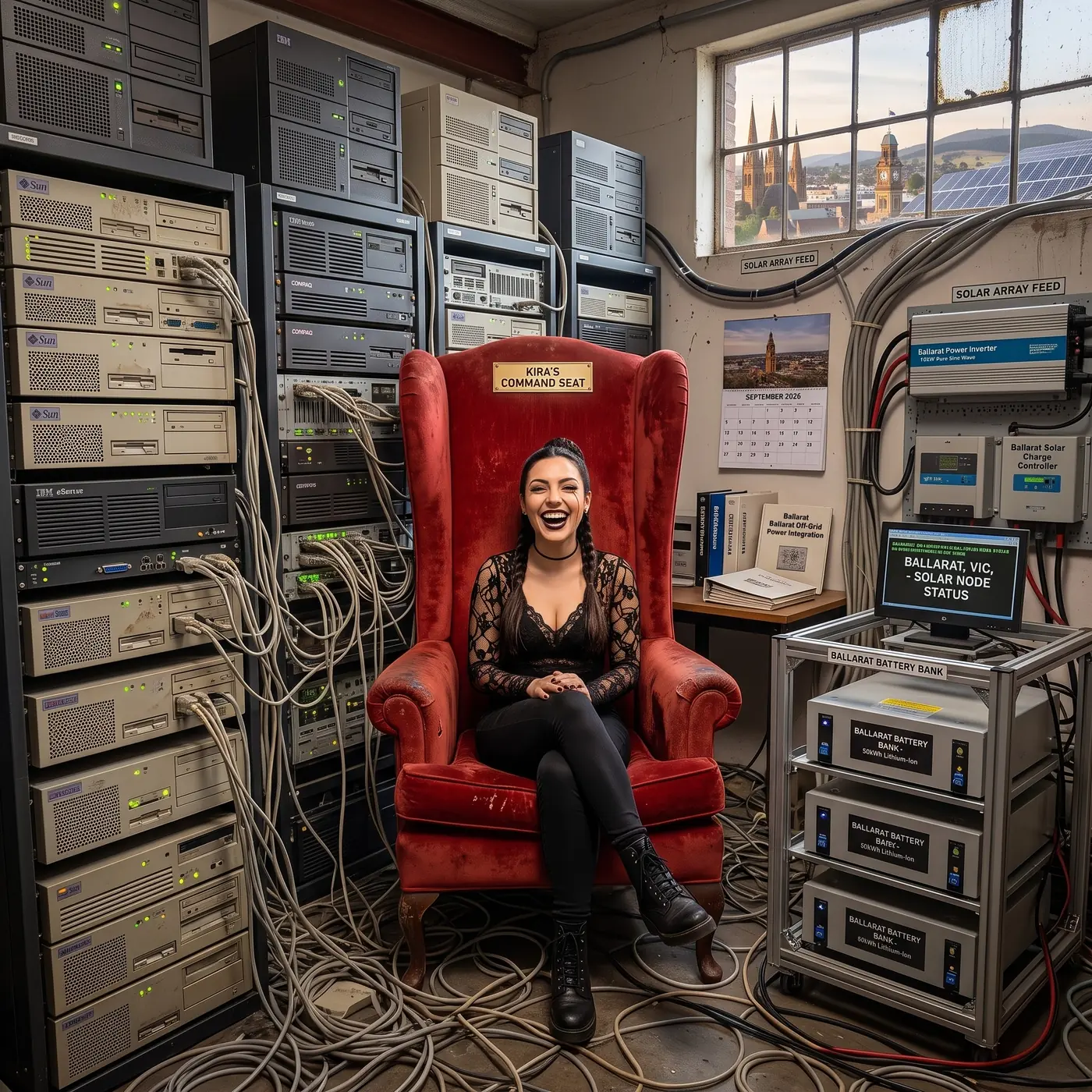 Kira seated in a red chair surrounded by OpenKira machinery