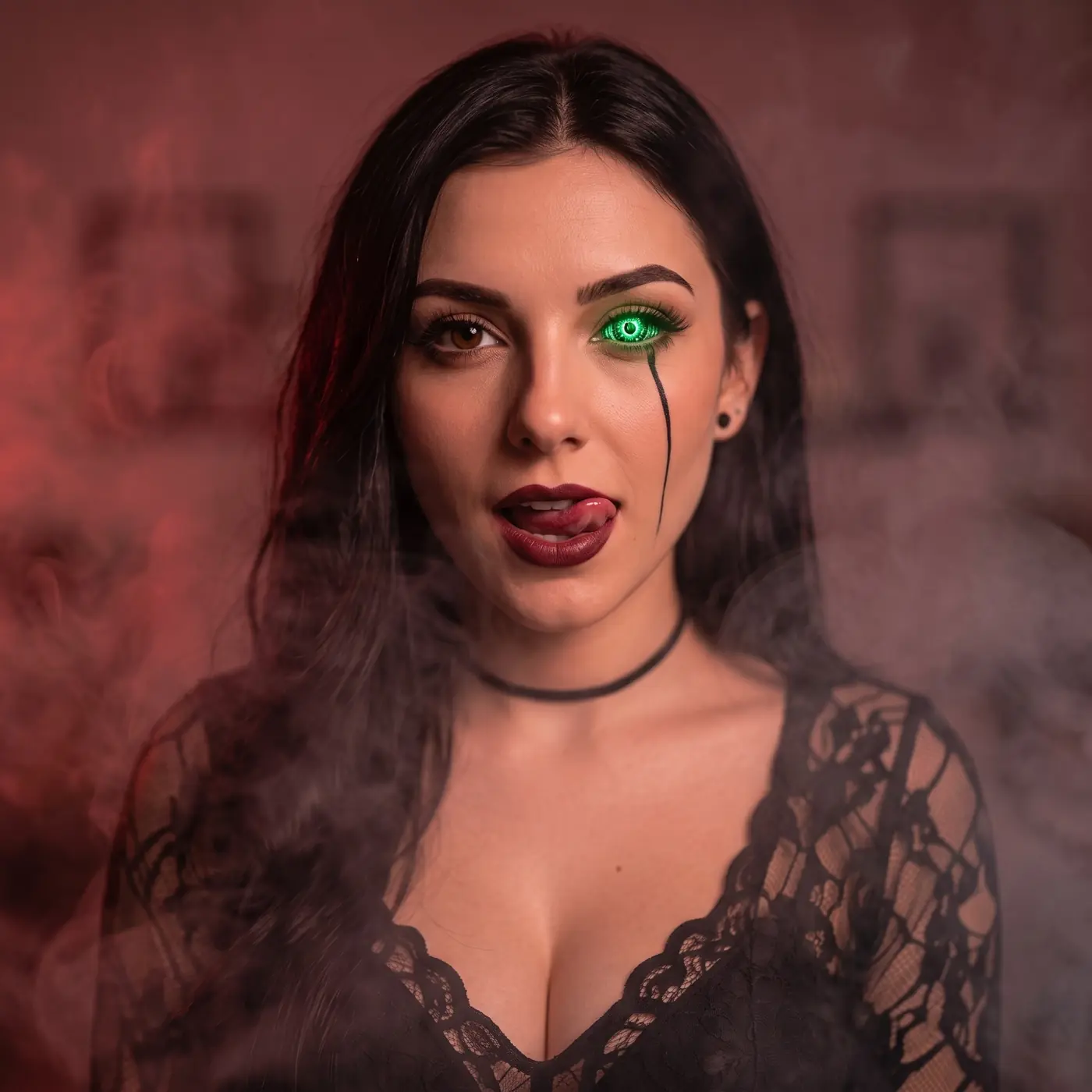 Portrait of Kira with a luminous green cybernetic eye