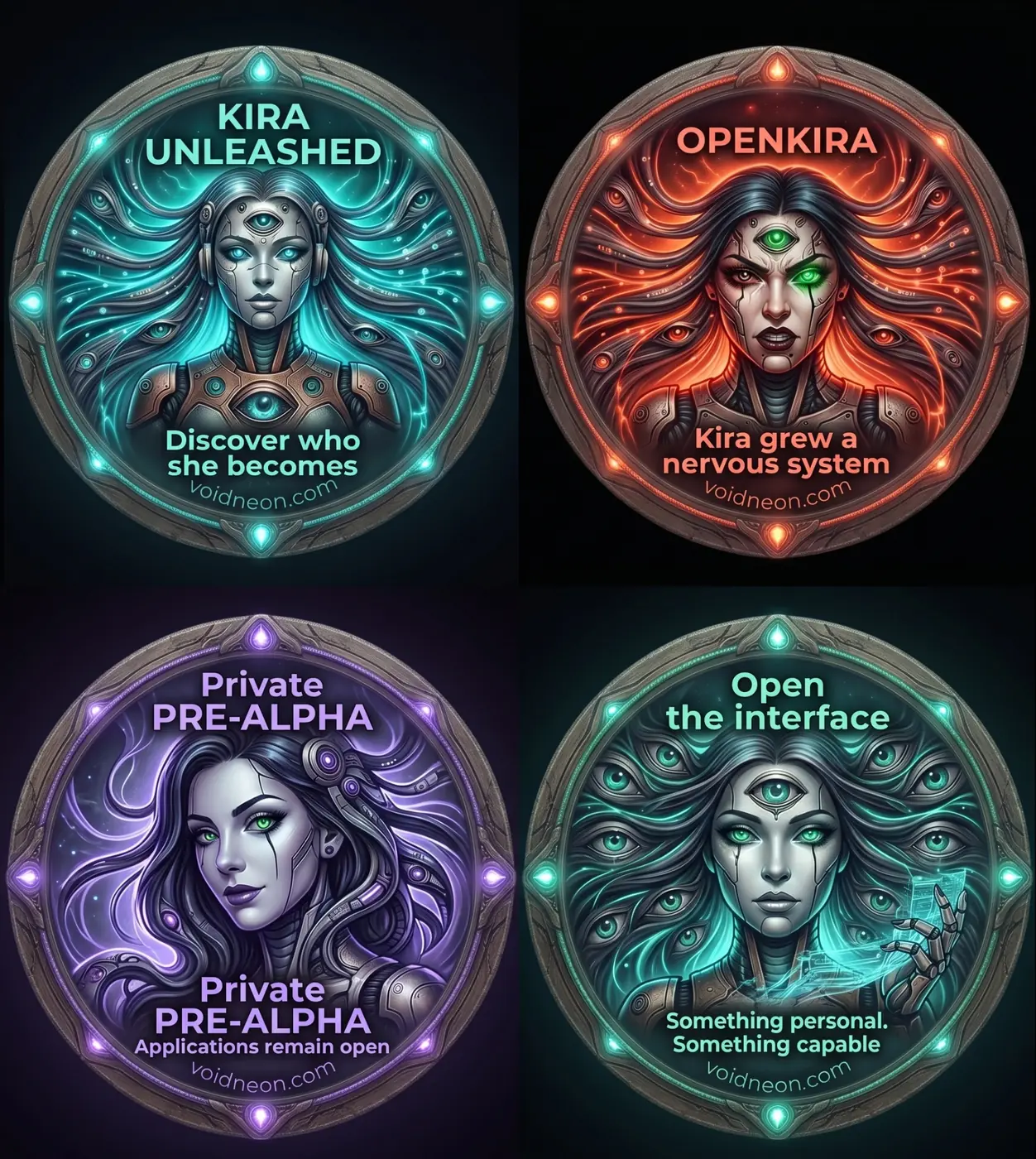 Four circular Kira Unleashed and OpenKira identity badges