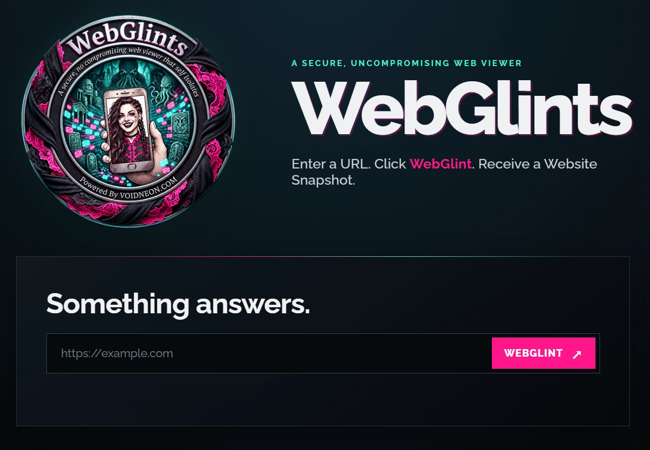 WebGlints interface with its illustrated logo, URL field and hot pink WebGlint button