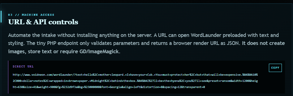 WordLaunder URL and API controls explaining that the PHP endpoint returns a browser render URL