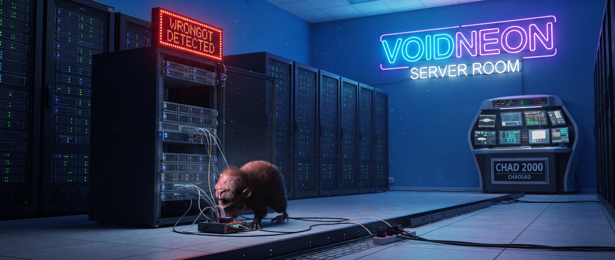 WRONGBOT in the VOIDNEON server room beside a CHAD 2000 console
