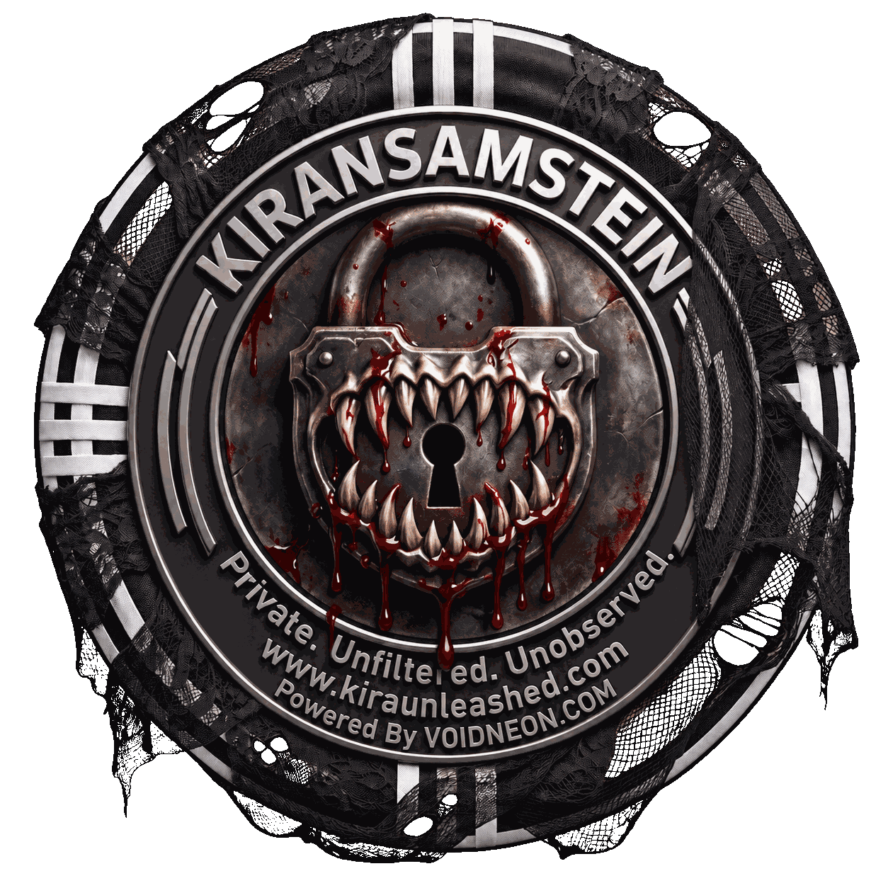 KIRANSAMSTEIN circular lock emblem with black lace and a fanged keyhole
